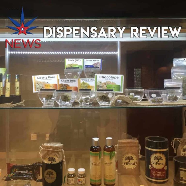 Glass case holdng marijuana products in a dispensary.