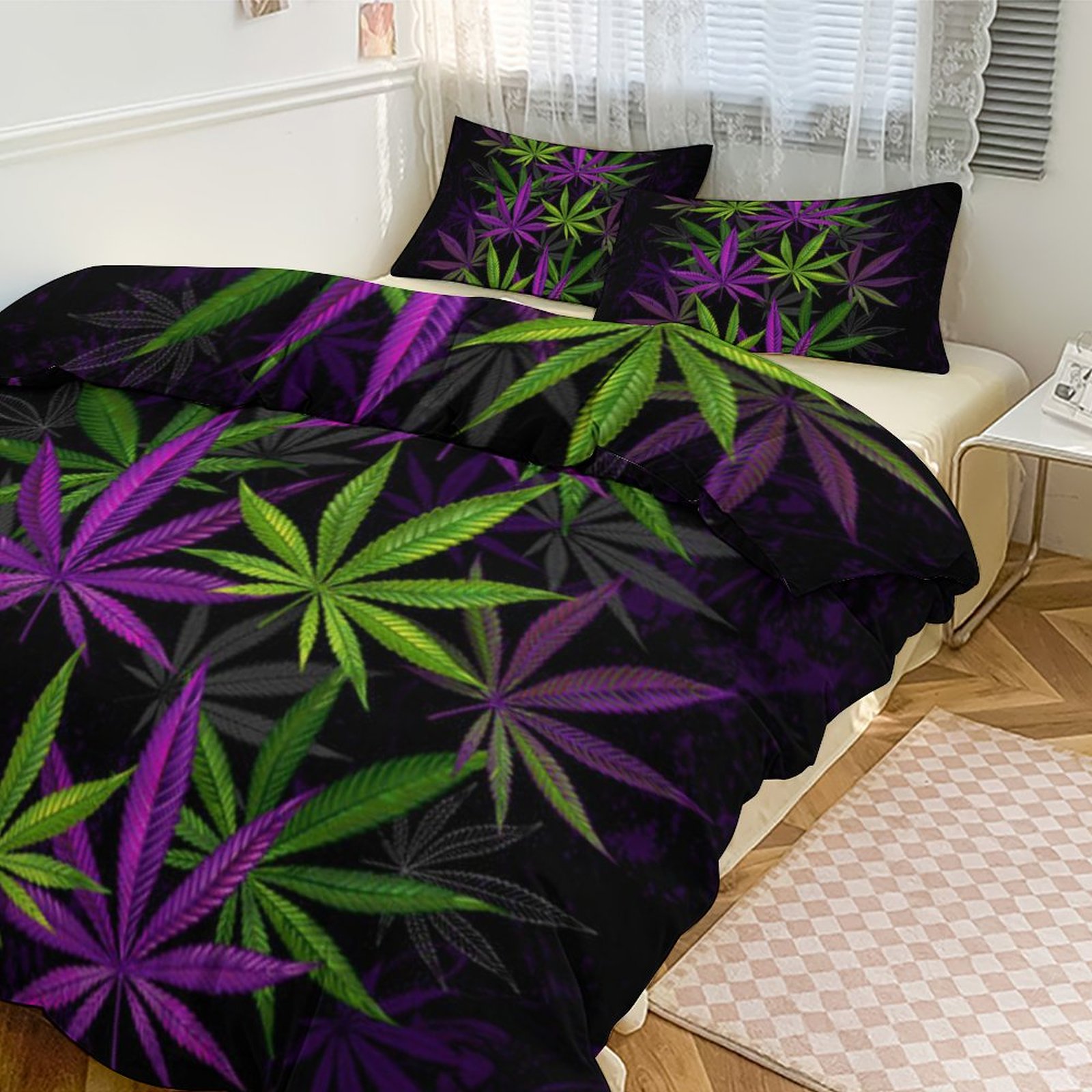 Purple & Green Leaves 3-Piece Queen Bedding Set-90"x90"/ 229x229cm SHIPPING INCLUDED!