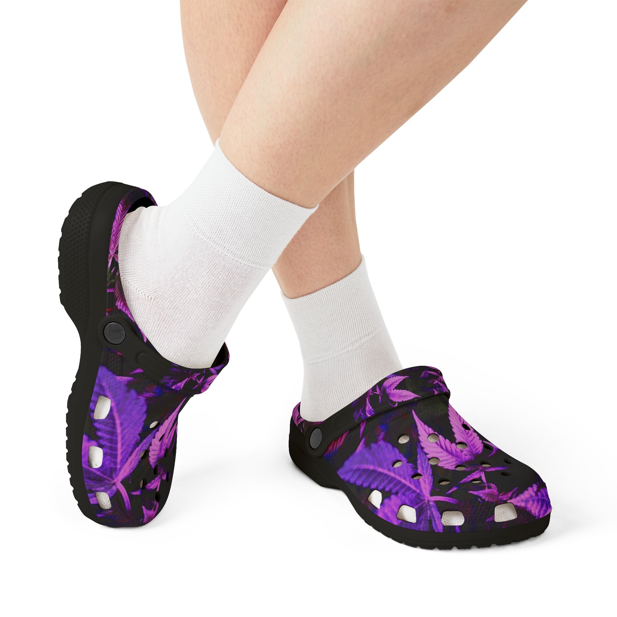 Purple and Green MJ Leaves Foam Clogs, Trendy Garden Shoes, Comfortable Summer Footwear, Unique Gift for Gardeners, Fun Beach Slippers