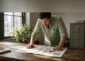 Wide cover image,. A mid-career analyst in a rolled-up shirt stands over a scarred oak table, both hands spreading a printed