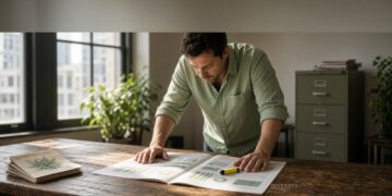 Wide cover image,. A mid-career analyst in a rolled-up shirt stands over a scarred oak table, both hands spreading a printed
